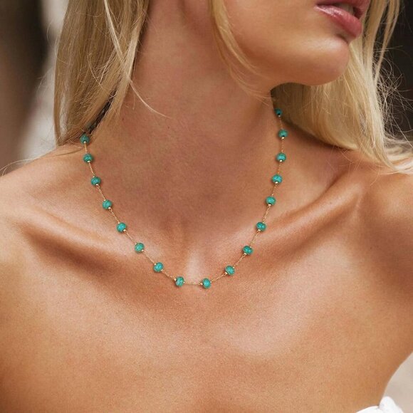 Created Turquoise Necklace for Women 14K Gold Plated Beaded Heart Choker Boho Ne - Picture 2 of 6